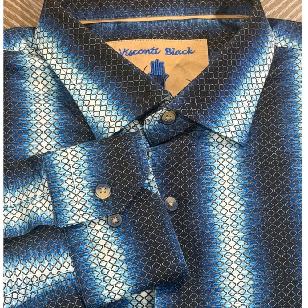 Visconti Black Mens XL Blue Geometric Honeycomb Stripe Long Sleeve Button Down